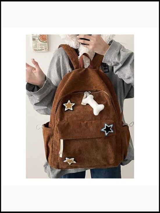Corduroy Y2K Star Preppy Backpack Cute Vintage Grunge Bookbag Laptop Daypack main image 4